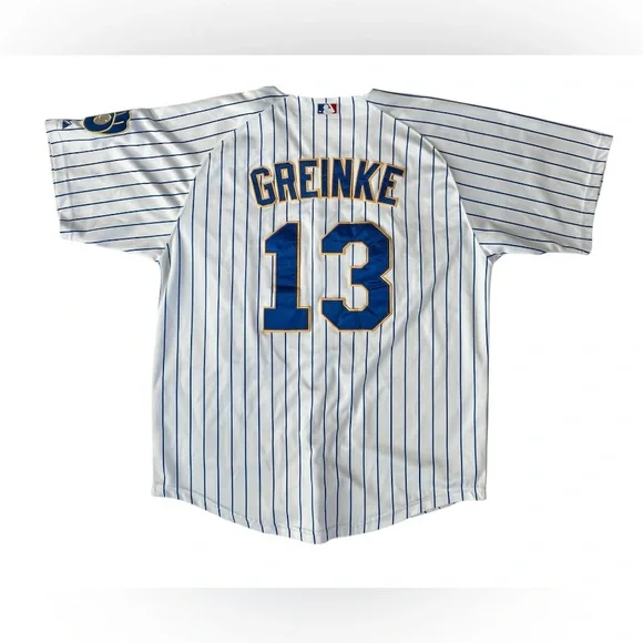 Vtg Majestic Milwaukee Brewers Zack Greinke #13 Men’s White Pinstripe Jersey 52 - Picture 2 of 6